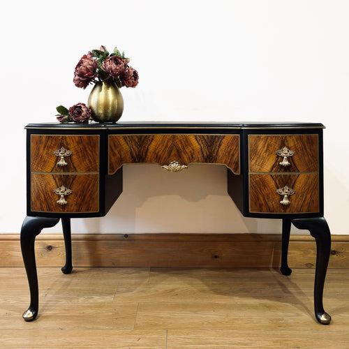 Vintage Walnut Dressing Table - Painted in Black and Gold with Queen Anne Style Legs