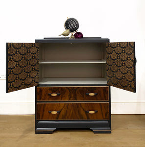 Art Deco Style Walnut Cabinet in Blue/Black with Bronze Detail