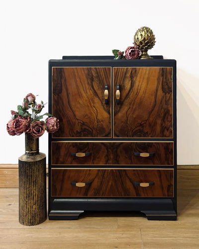 Art Deco Style Walnut Cabinet in Blue/Black with Bronze Detail