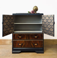 Load image into Gallery viewer, Art Deco Style Walnut Cabinet in Blue/Black with Bronze Detail