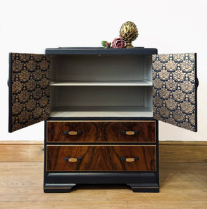 Art Deco Style Walnut Cabinet in Blue/Black with Bronze Detail