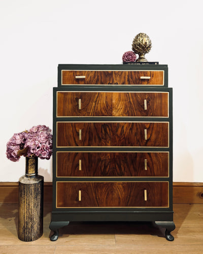 Dark Forest Green and Walnut Chest of Drawers