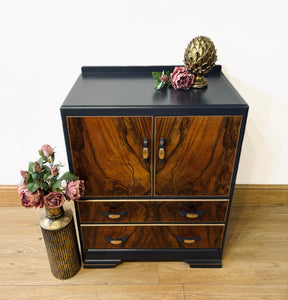 Art Deco Style Walnut Cabinet in Blue/Black with Bronze Detail