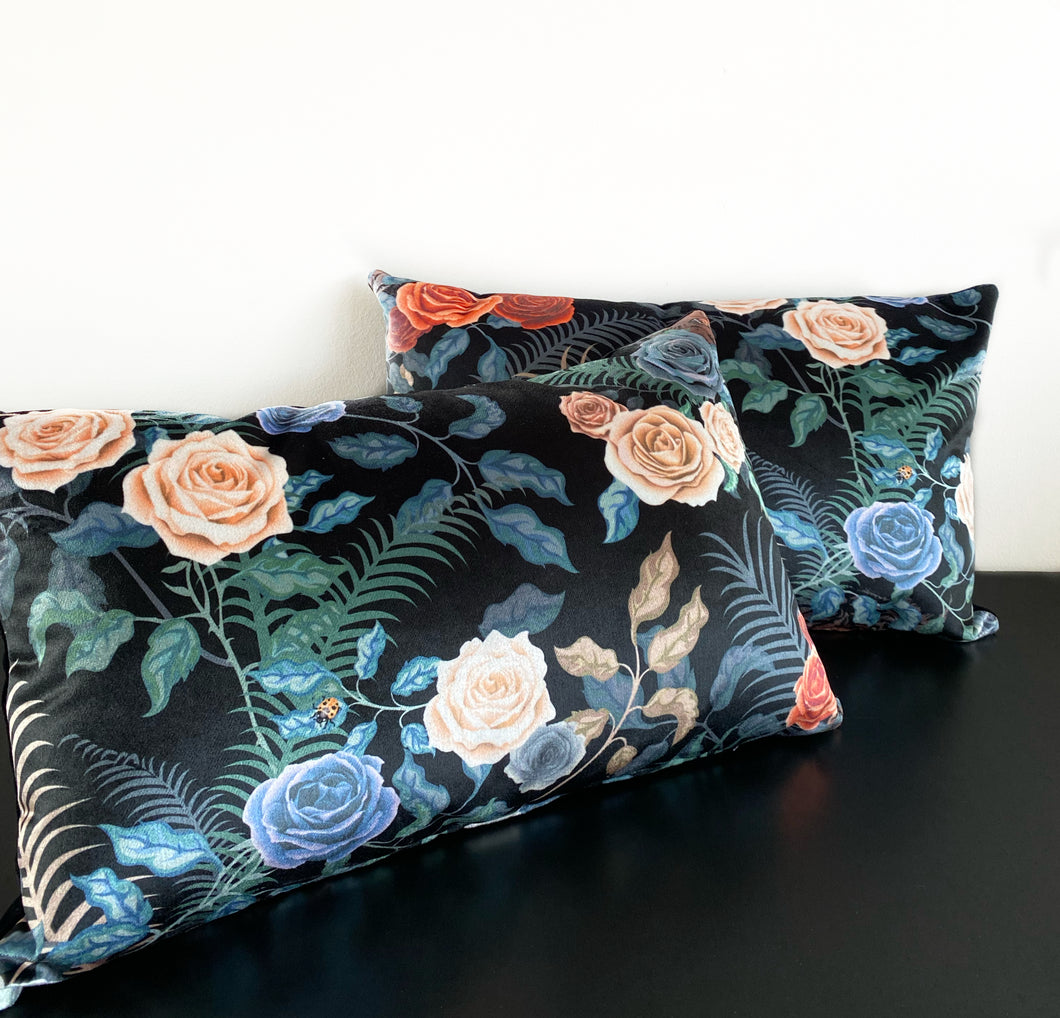 Pair of Tiger and Roses Pillows in Fierce, Black Velvet Cushions,